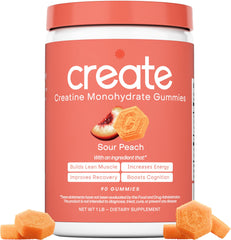Create Creatine Monohydrate Gummies packaging with tangy sour peach flavor for on the go use
