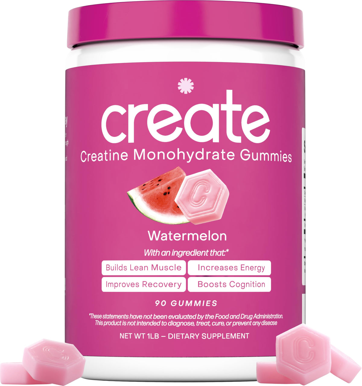 Create Creatine Monohydrate Gummies bottle front; supports workouts and recovery.