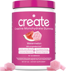 Create Creatine Monohydrate Gummies bottle front; supports workouts and recovery.