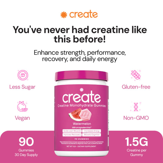Create Creatine Monohydrate Gummies close-up; delicious watermelon flavor for convenient supplementation.