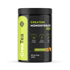 CreaTea lemon-flavor creatine powder bottle, vegan performance support