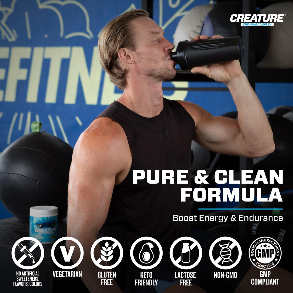CREATURE Creatine Complex bottle stacked to emphasize value and servings