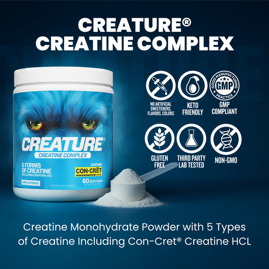 CREATURE Creatine Complex scoop dip indicating personalized daily dose for strength