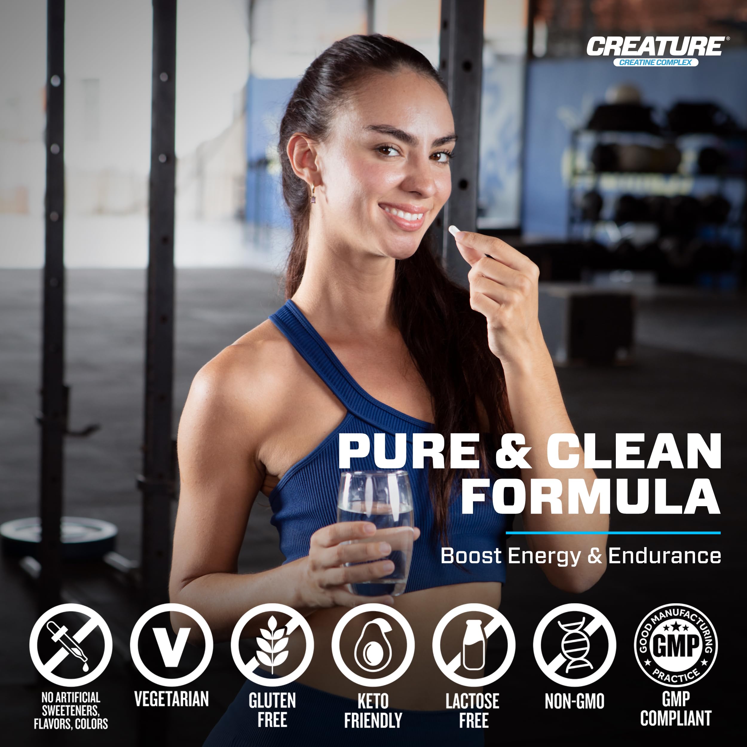 CREATURE Creatine Malate capsules close-up suggesting endurance for longer sessions