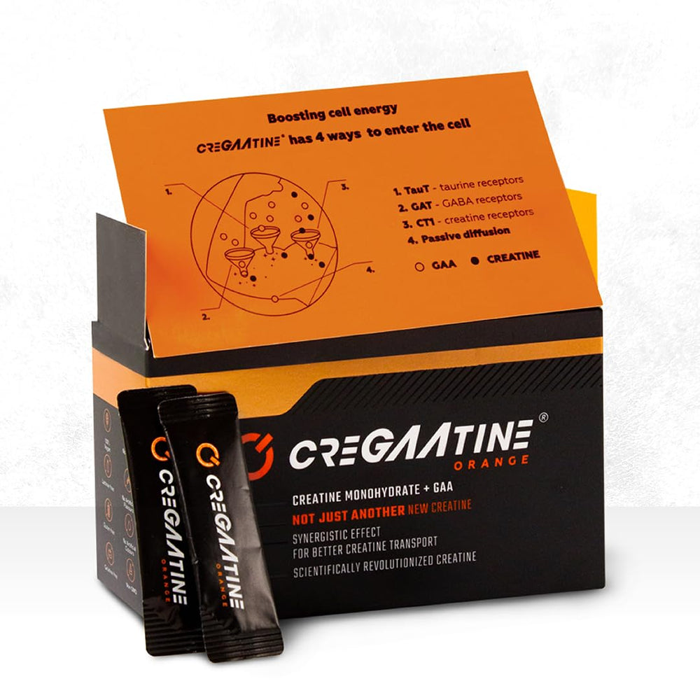 CreGAAtine micronized creatine sachet orange close-up demonstrating potency