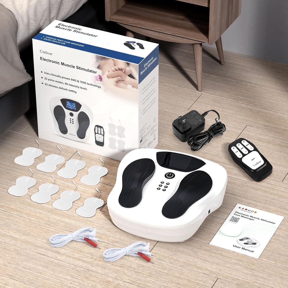 Creliver EMS Foot Stimulator Pro 2 box contents shown for quick setup