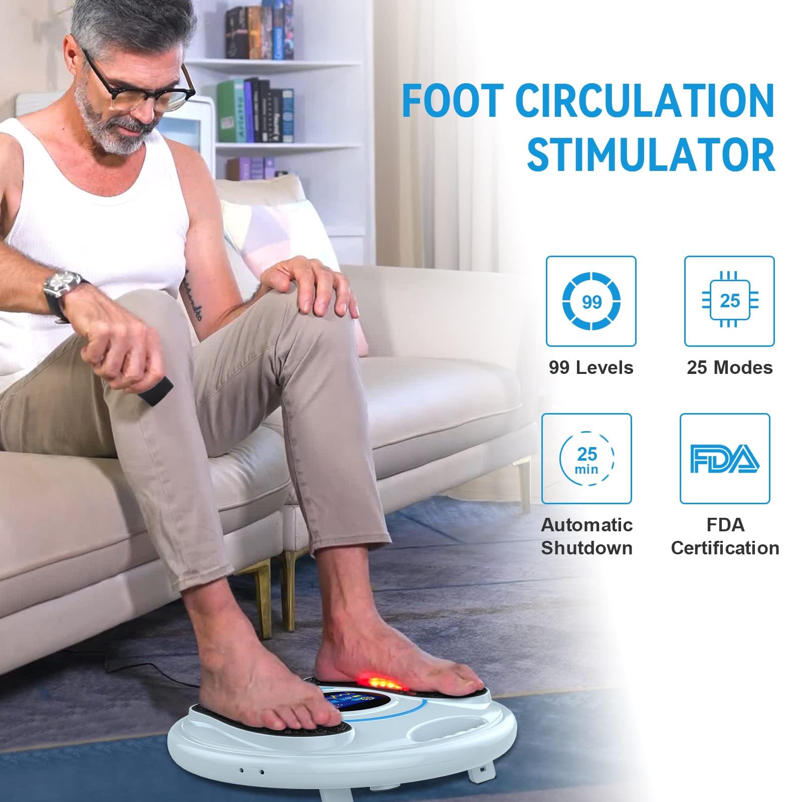 Creliver foot stimulator pads on feet promoting improved circulation and relaxation.