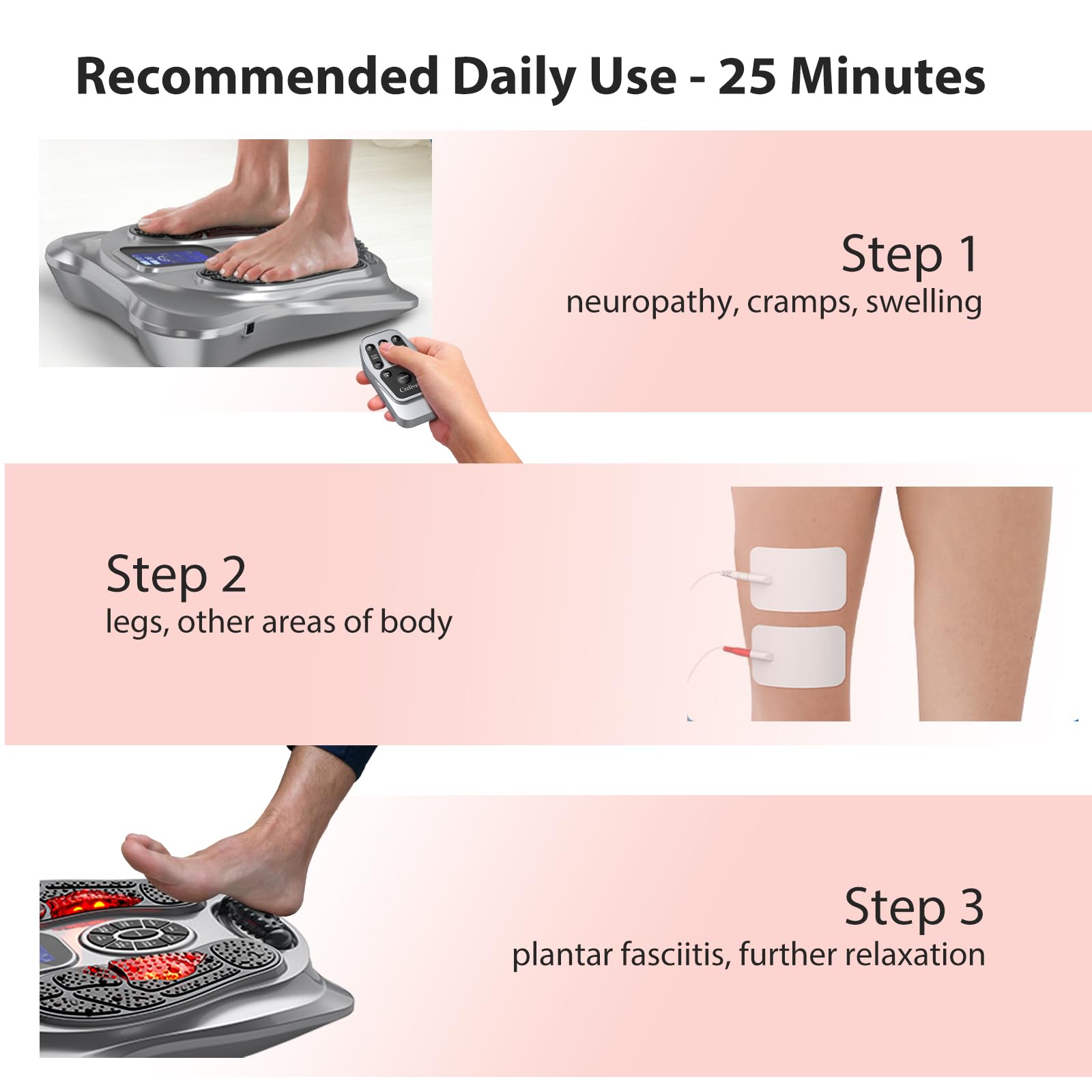 Crelover foot massager uses 8 waterproof pads for hygienic use.