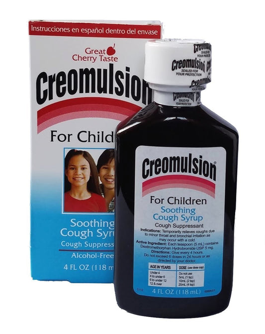 Creomulsion Children's Cough Syrup bottle for gentle, kid-friendly cough support.