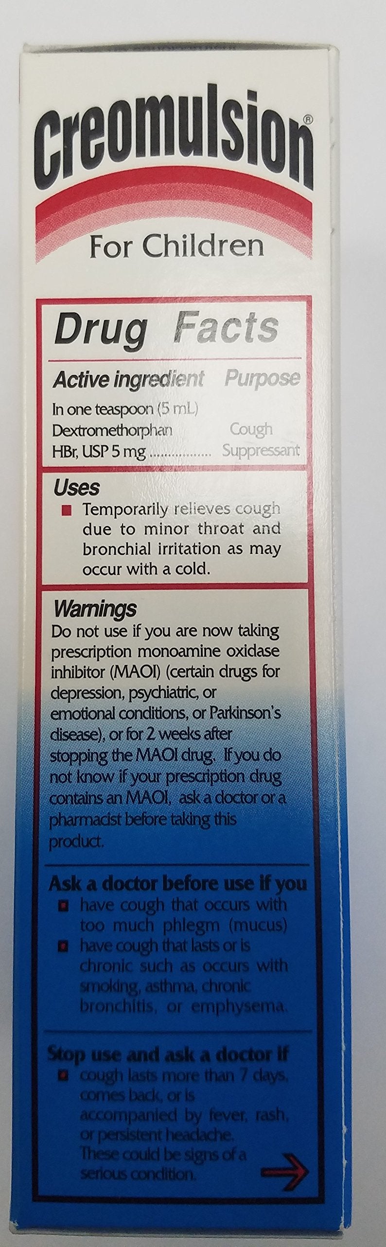 Creomulsion Children's Cough Syrup label close-up for easy identification and use.