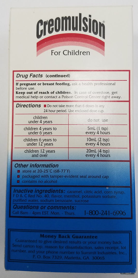 Creomulsion Children's Cough Syrup pack of 3 showing ongoing home supply.
