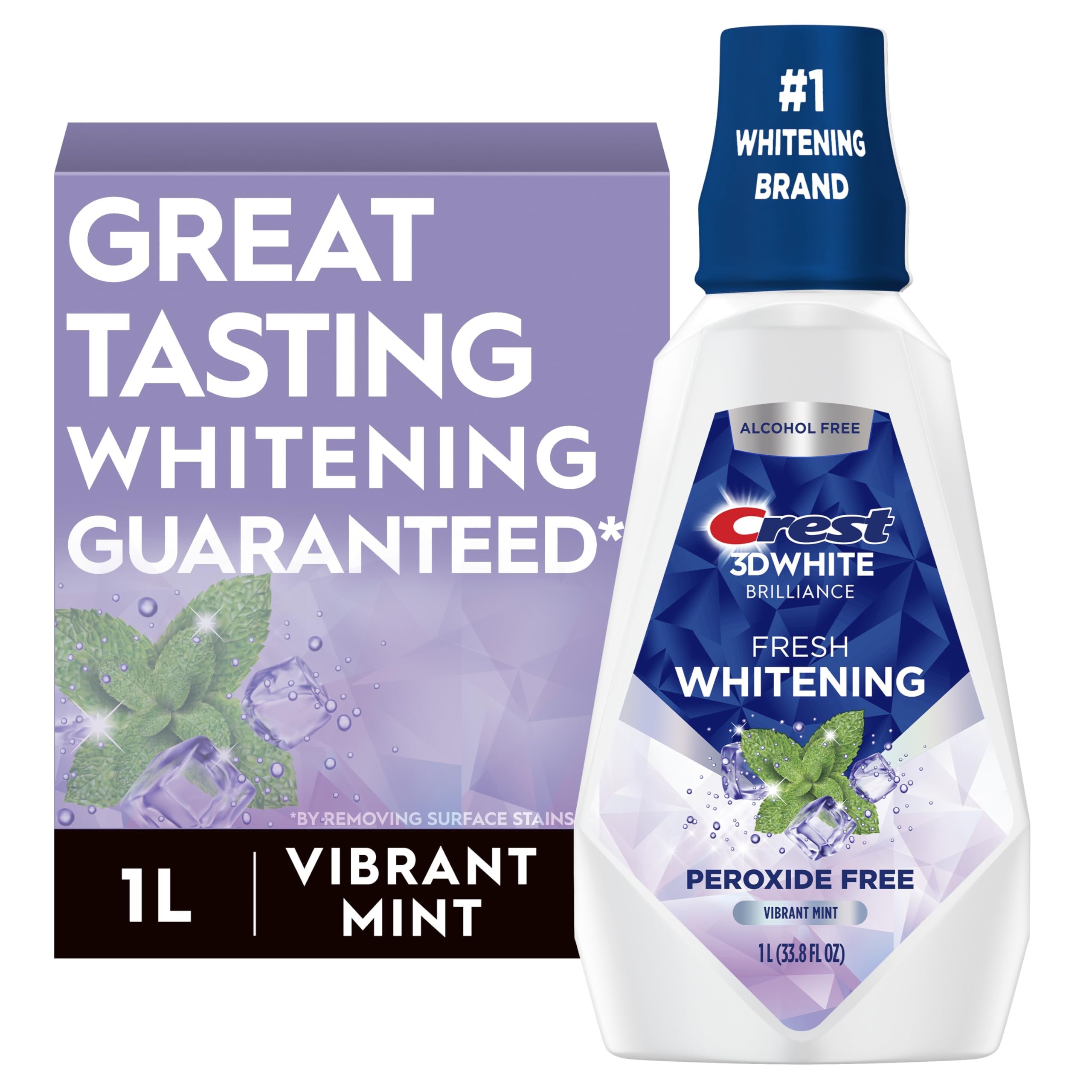 Crest 3D White Brilliance mouthwash bottle front view for a whitening routine