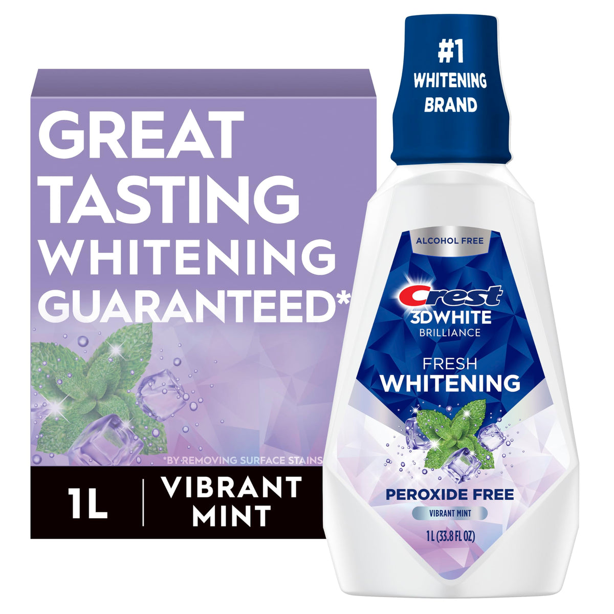 Crest 3D White Brilliance mouthwash bottle front view for a whitening routine