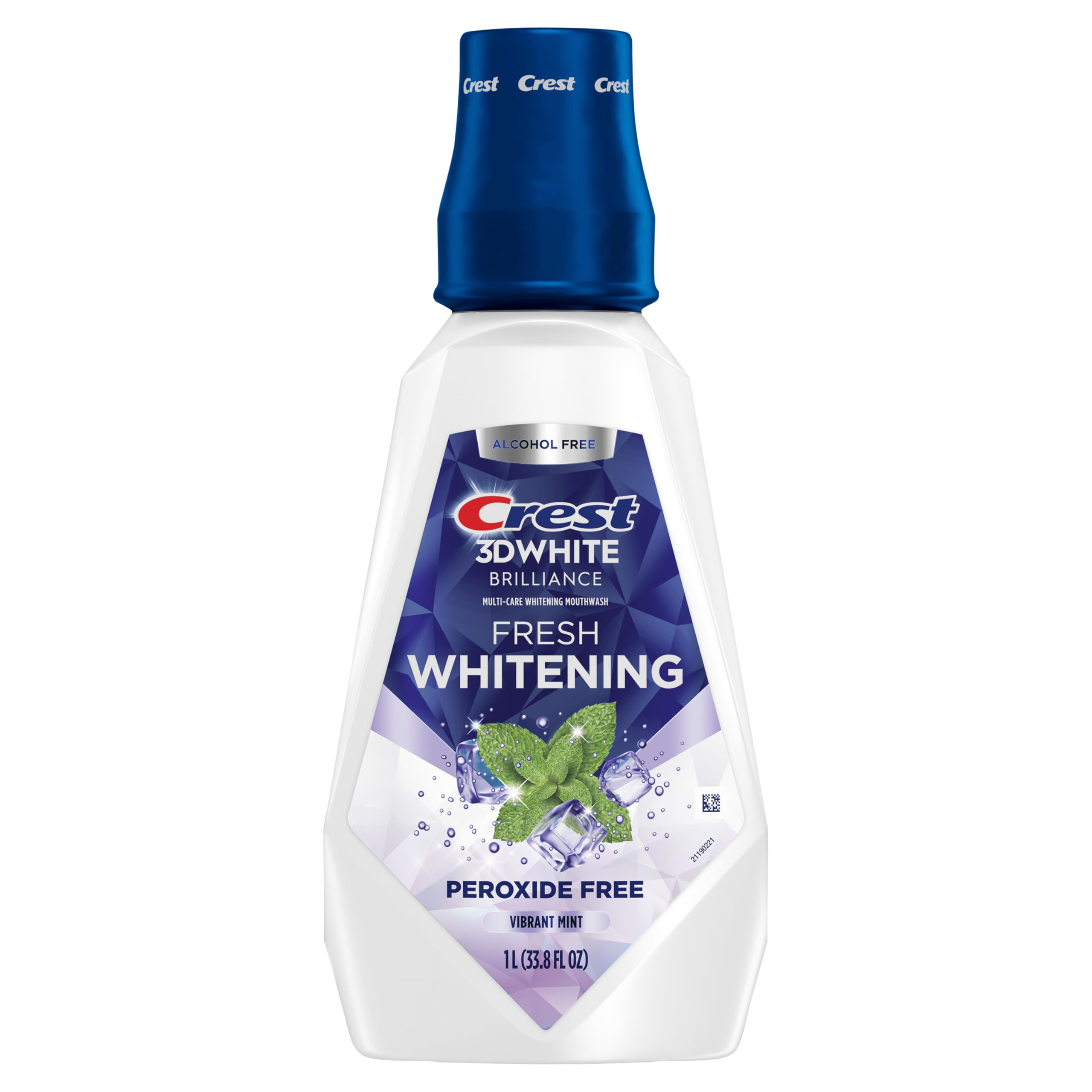 Crest 3D White Brilliance mouthwash 1-liter bottle on shelf for easy access
