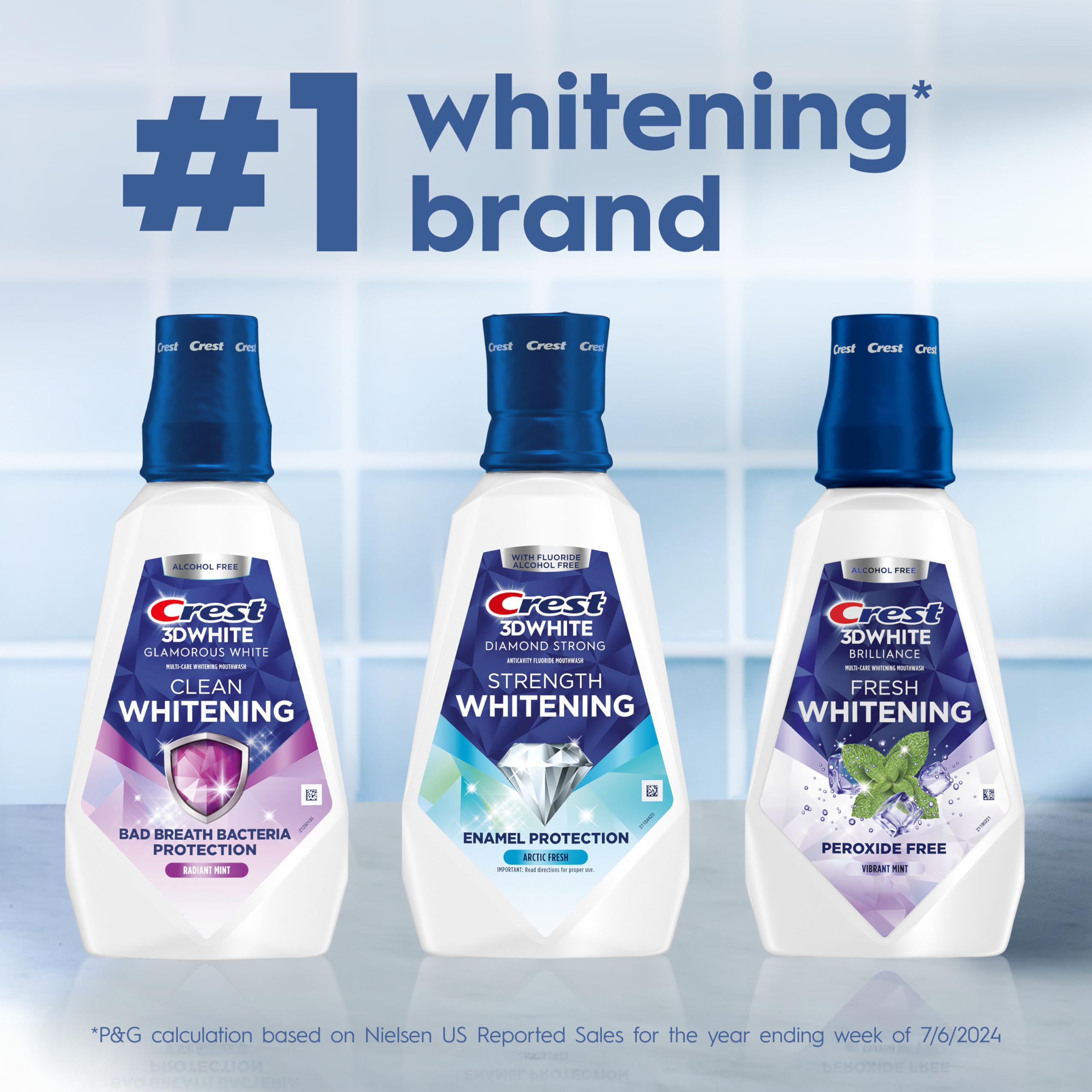 Crest 3D White Brilliance mouthwash in a family bathroom scene for daily use