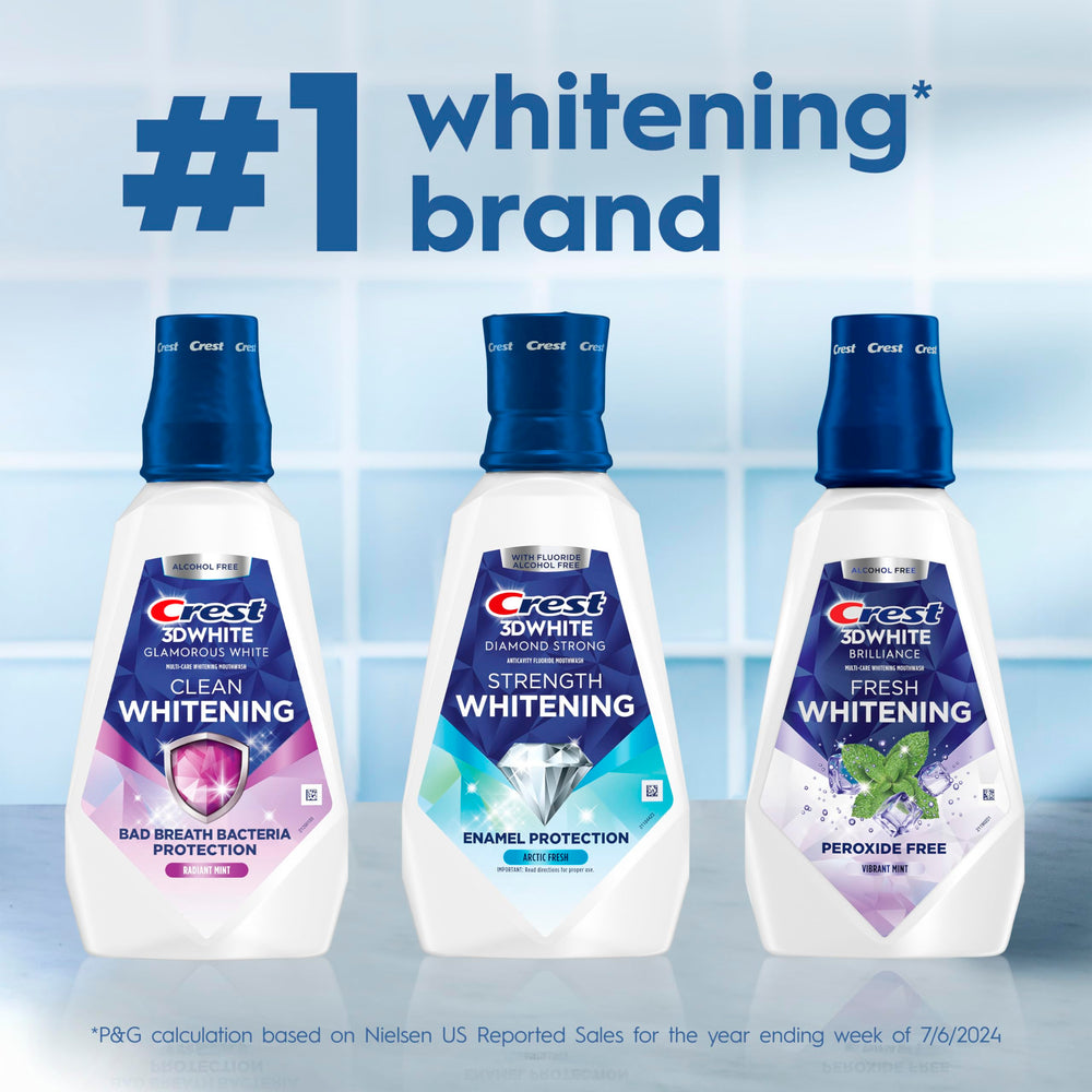 Crest 3D White Brilliance mouthwash in a family bathroom scene for daily use