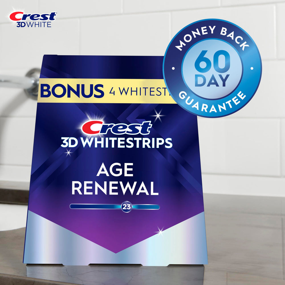Crest 3D Whitestrips Age Renewal 1-Hour Express strip emphasizes fast results.