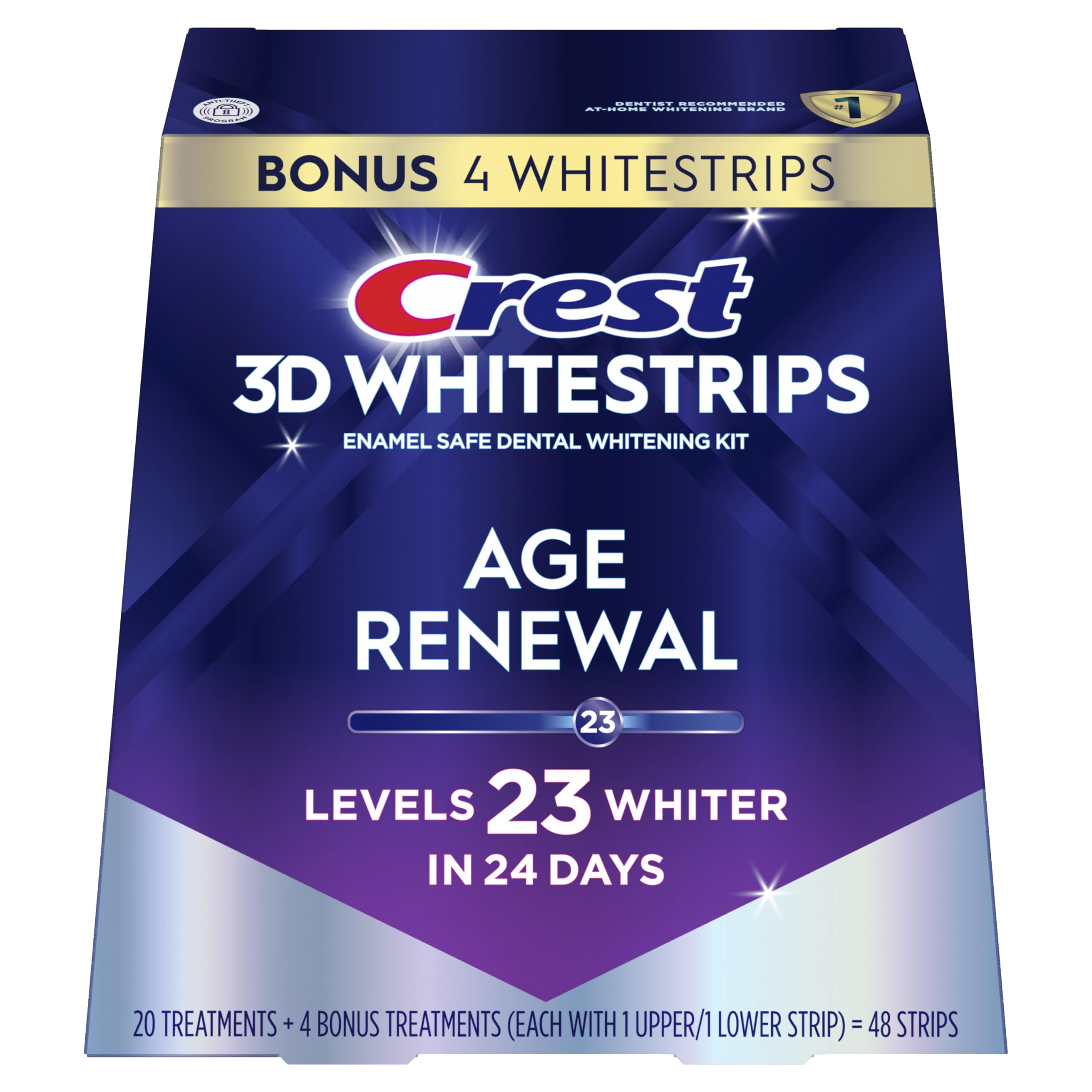 Crest 3D Whitestrips Age Renewal 24 treatments cover upper and lower strips.