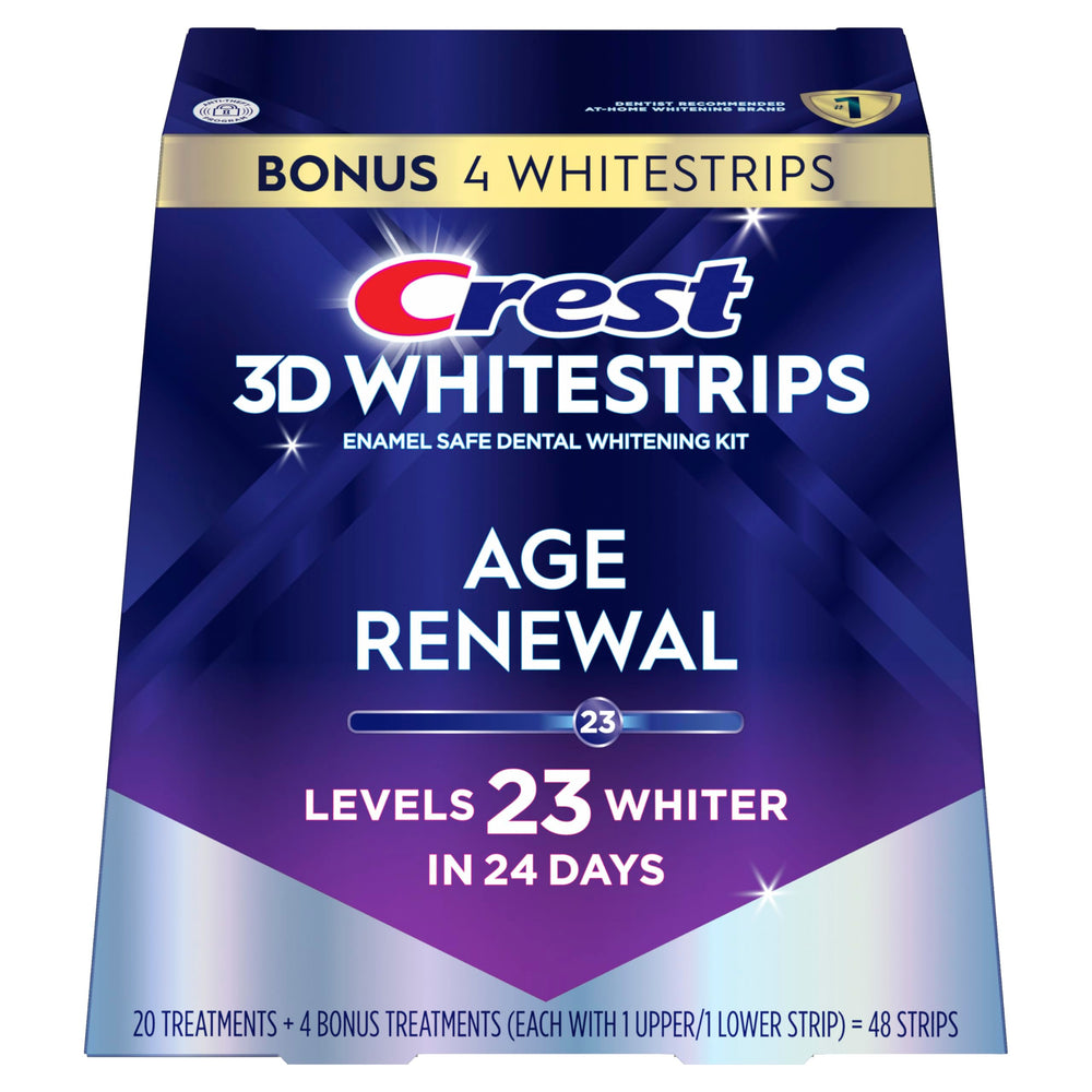 Crest 3D Whitestrips Age Renewal 24 treatments cover upper and lower strips.
