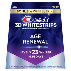 Crest 3D Whitestrips Age Renewal 24 treatments cover upper and lower strips.