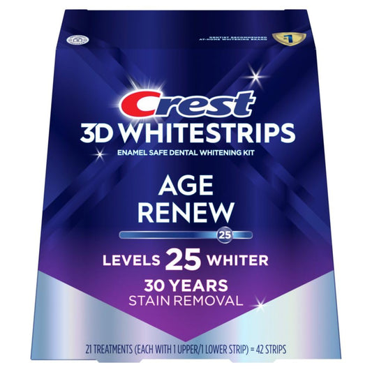 Crest 3D Whitestrips Age Renew box and strips for easy at-home whitening