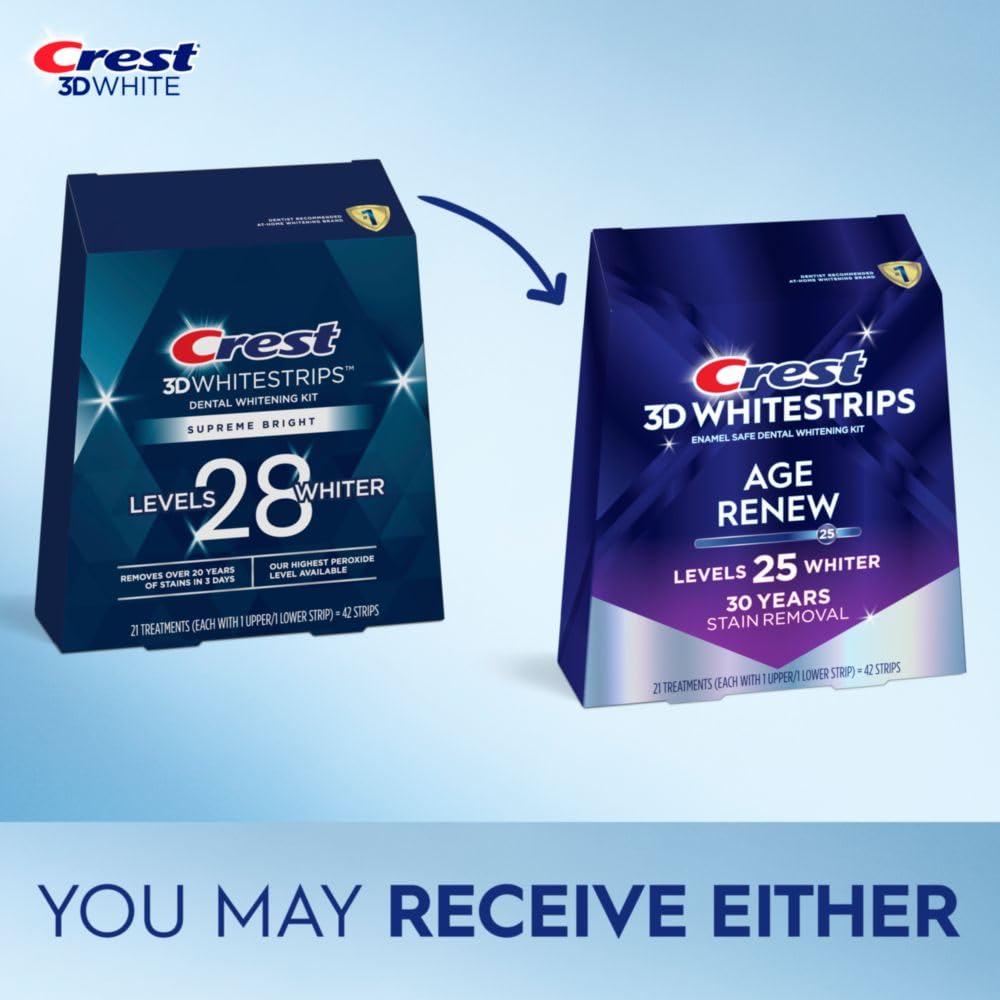 Crest 3D Whitestrips Age Renew strips on teeth for even whitening