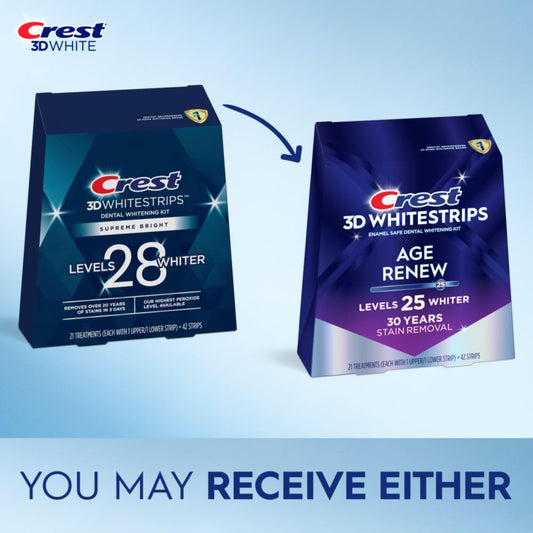 Crest 3D Whitestrips Age Renew strips on teeth for even whitening