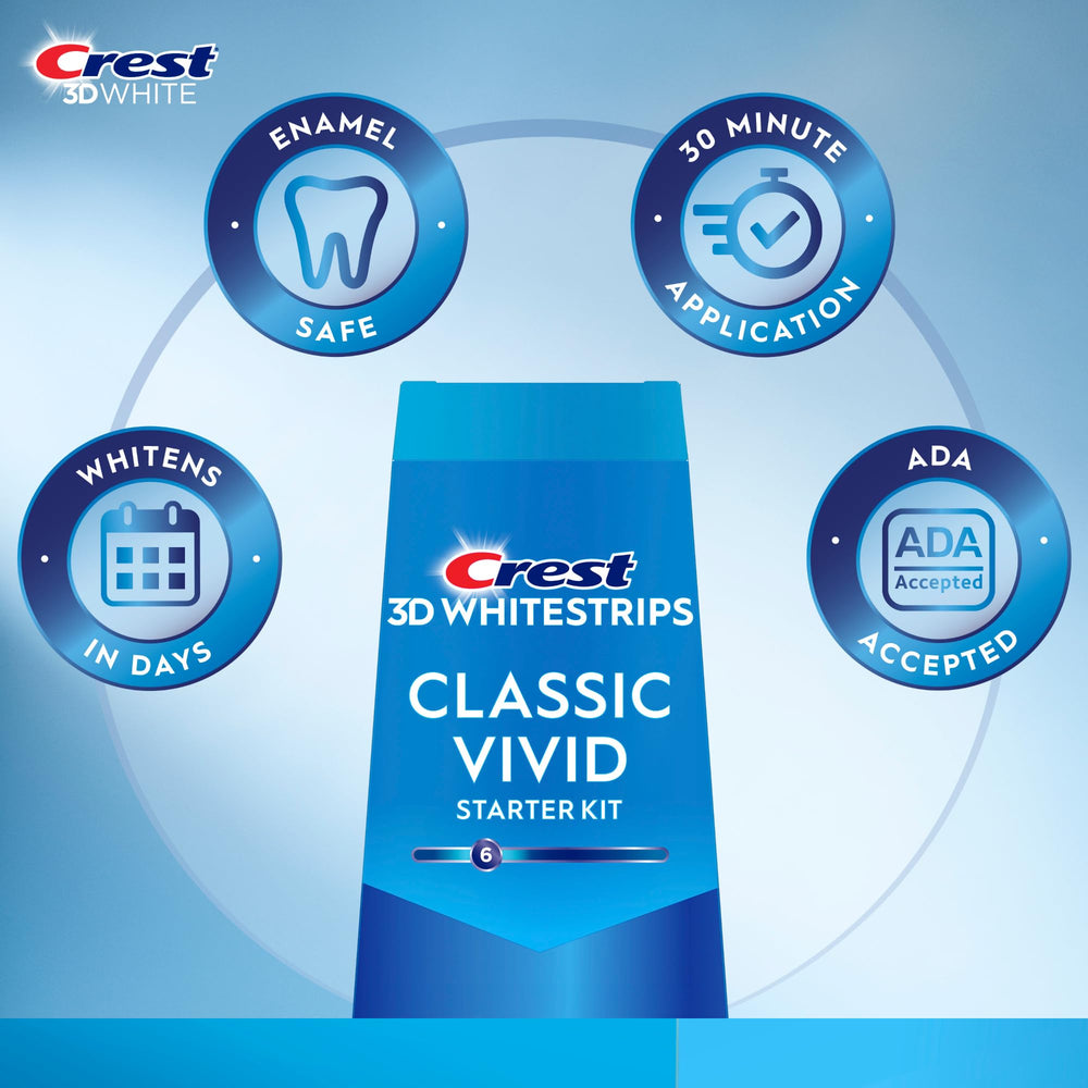 Crest 3D Whitestrips Classic Vivid, aplicación de 30 minutos, uso diario sencillo.