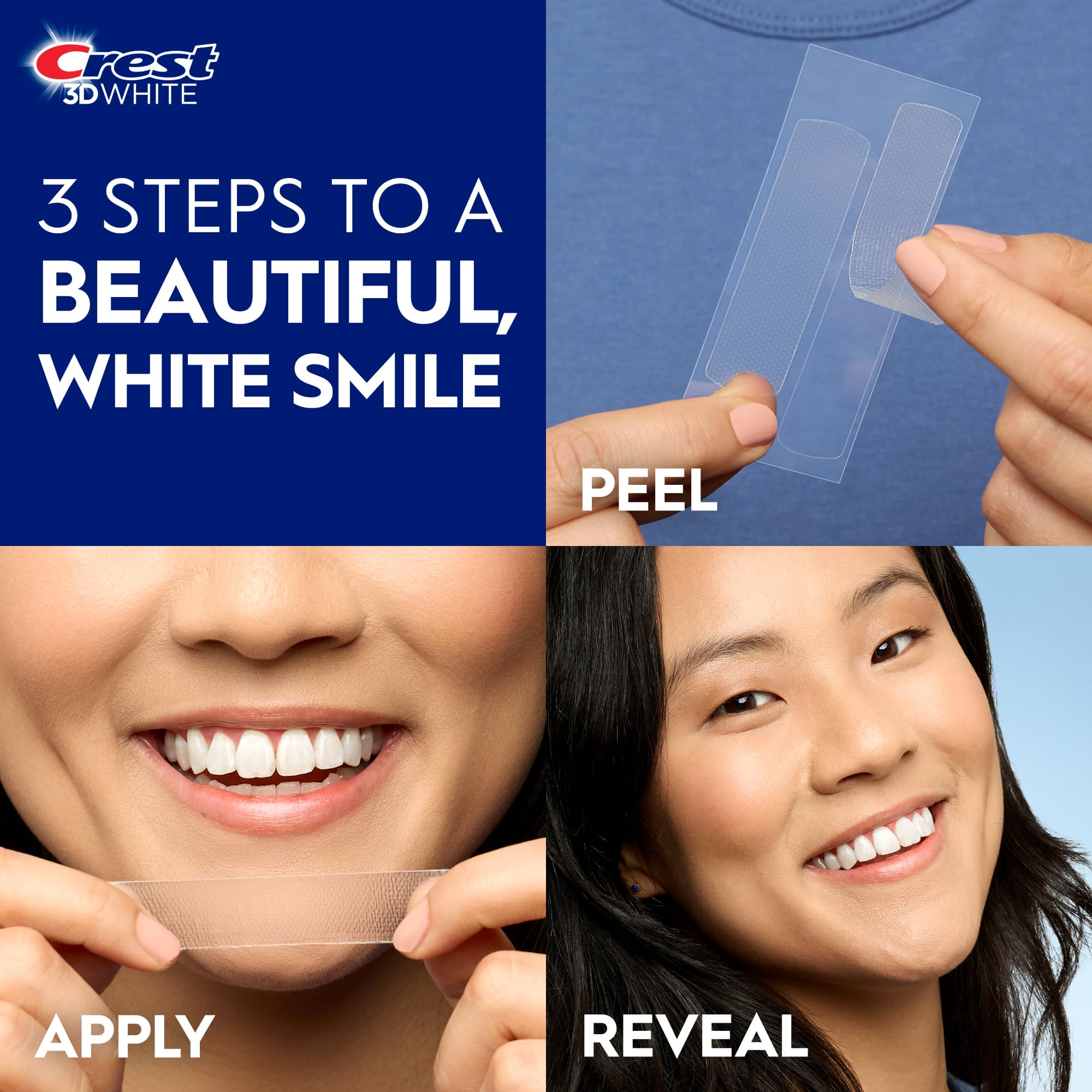 Crest 3D Whitestrips Classic Vivid, aprobado por la ADA para uso dental seguro.