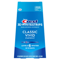 Crest 3D Whitestrips Classic Vivid, paquete de 20 tiras para blanqueamiento en casa.