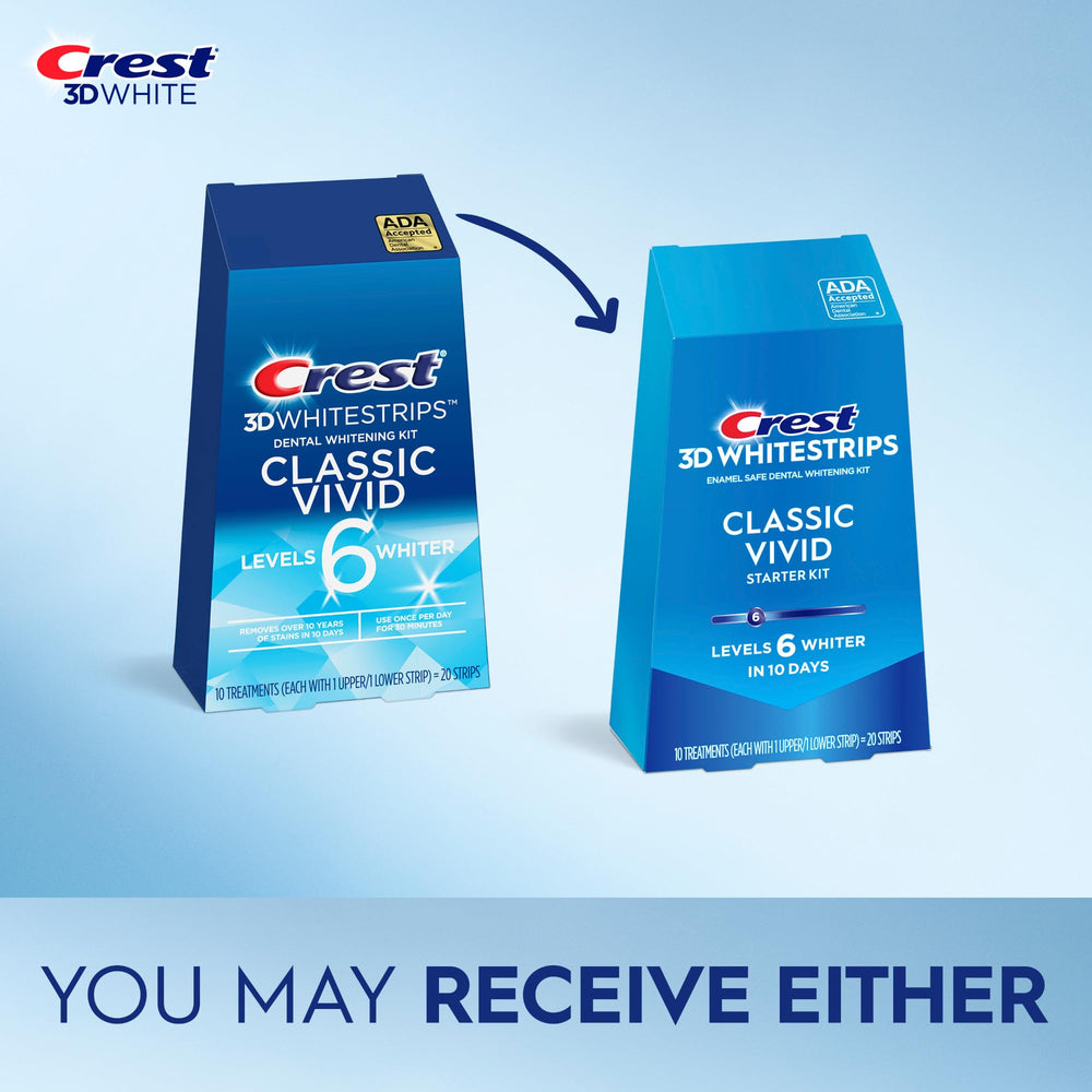 Crest 3D Whitestrips Classic Vivid, tiras superiores e inferiores para blanqueamiento progresivo.