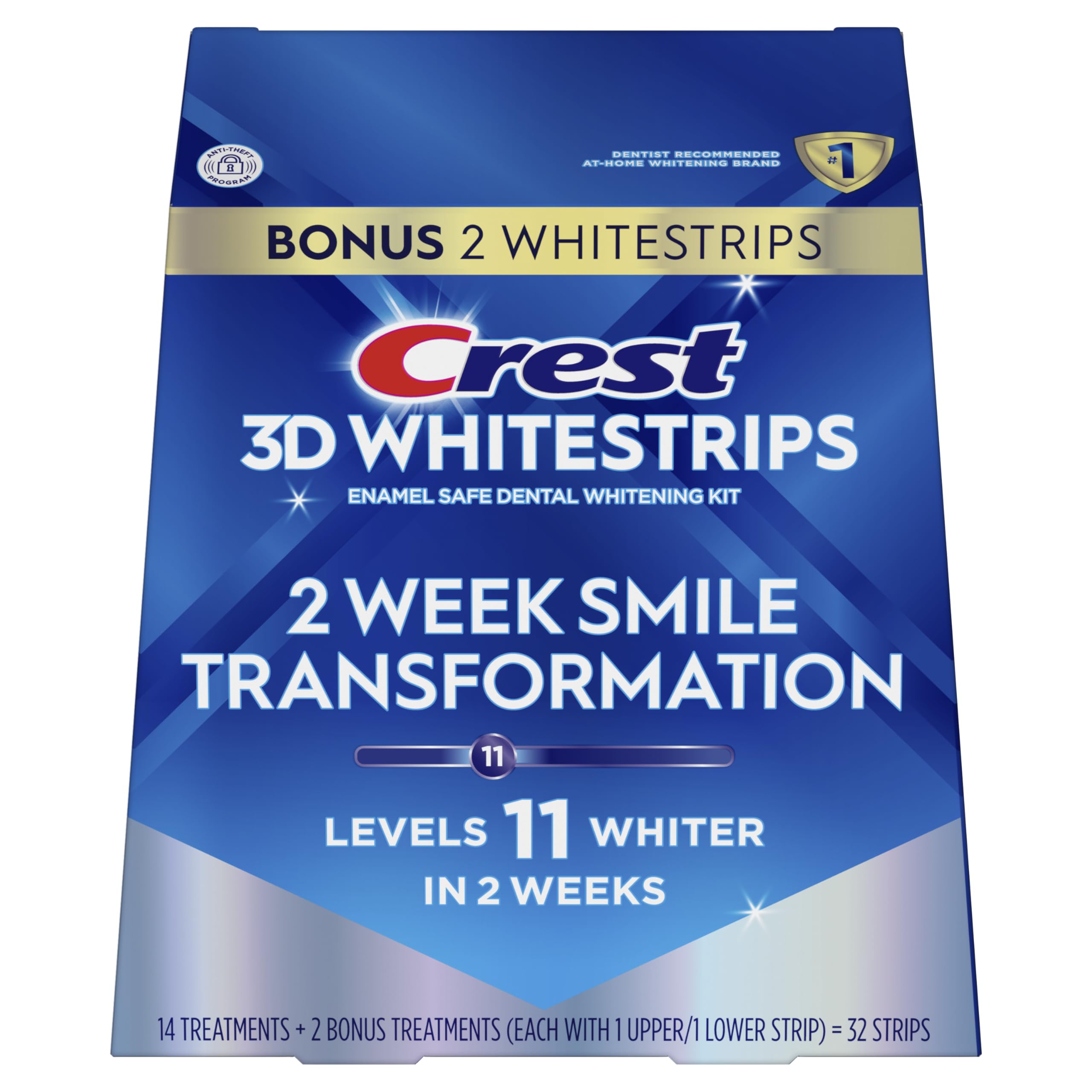 Crest 3D Whitestrips Glamorous White 30-minute daily routine on counter.