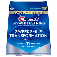 Crest 3D Whitestrips Glamorous White 30-minute daily routine on counter.
