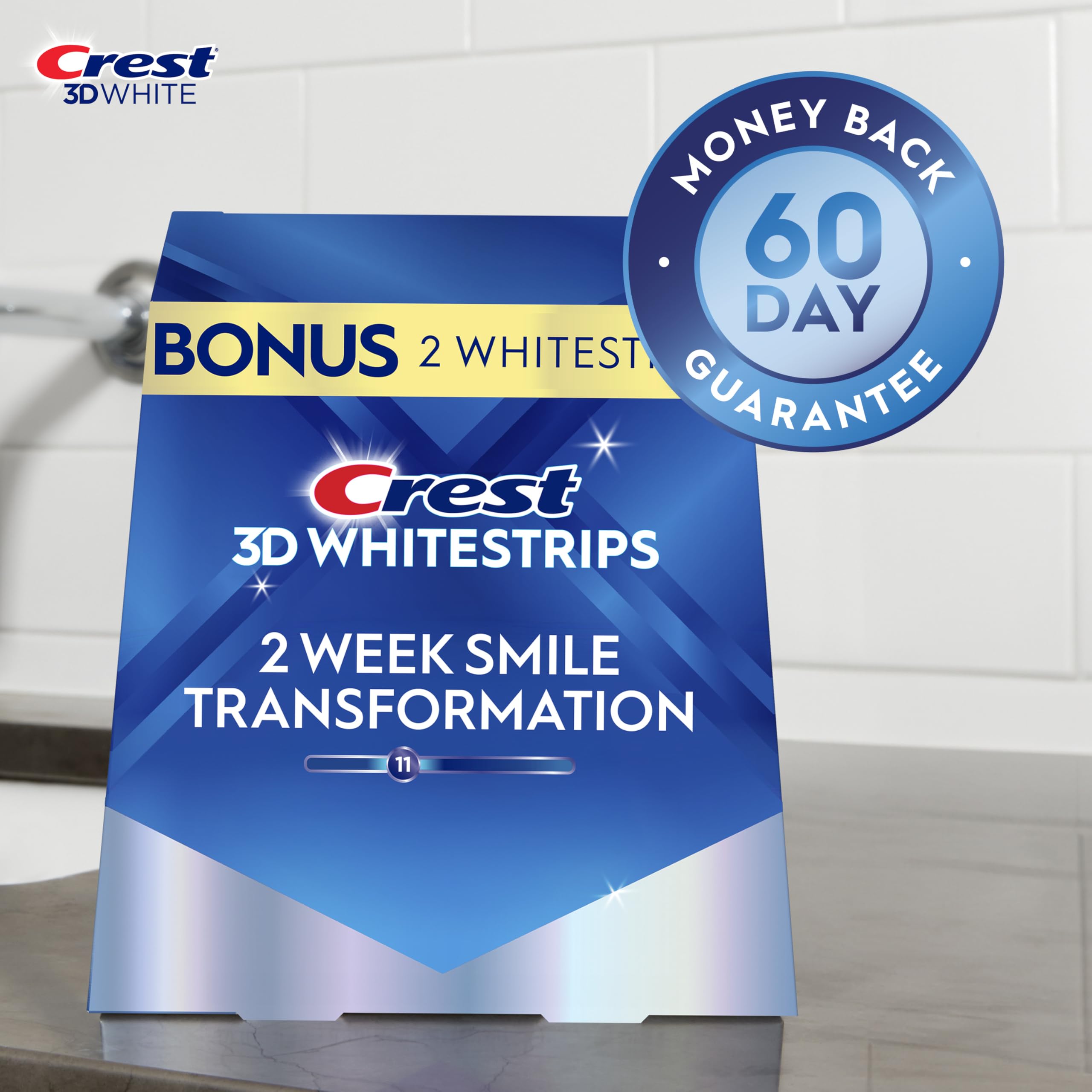 Crest 3D Whitestrips Glamorous White packaging back with usage notes.
