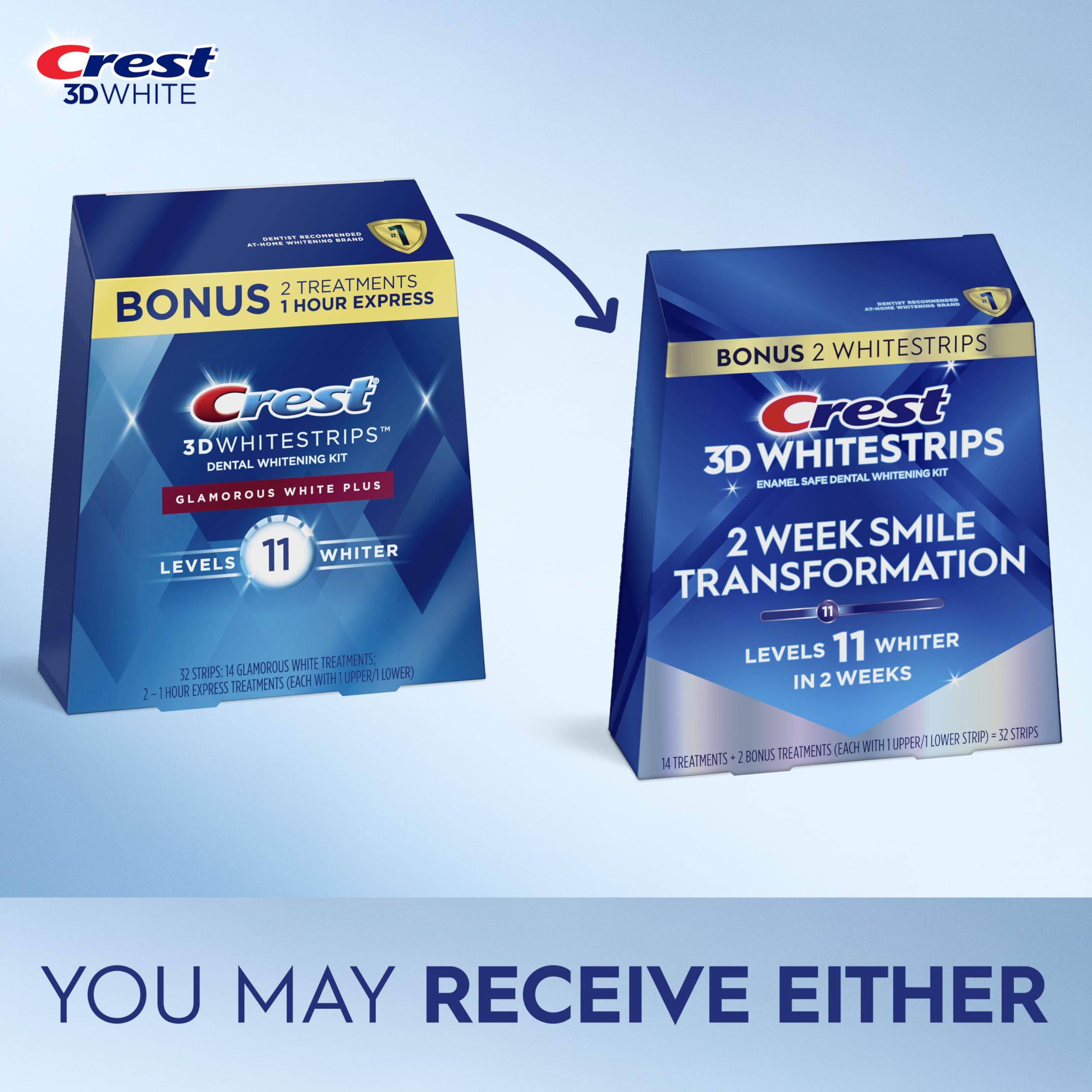 Crest 3D Whitestrips Glamorous White strip-on-teeth during wear for daily whitening.