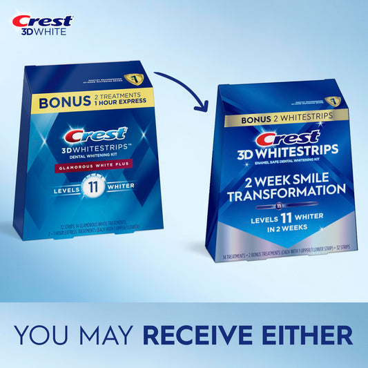 Crest 3D Whitestrips Glamorous White strip-on-teeth during wear for daily whitening.