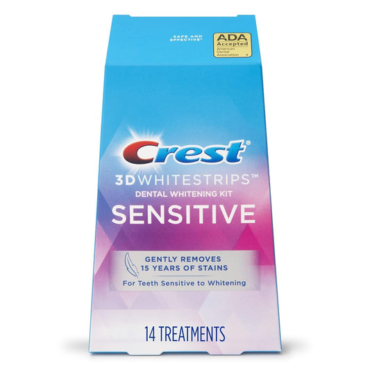 Crest 3D Whitestrips Sensitive box view, signaling trusted whitening for sensitive teeth.