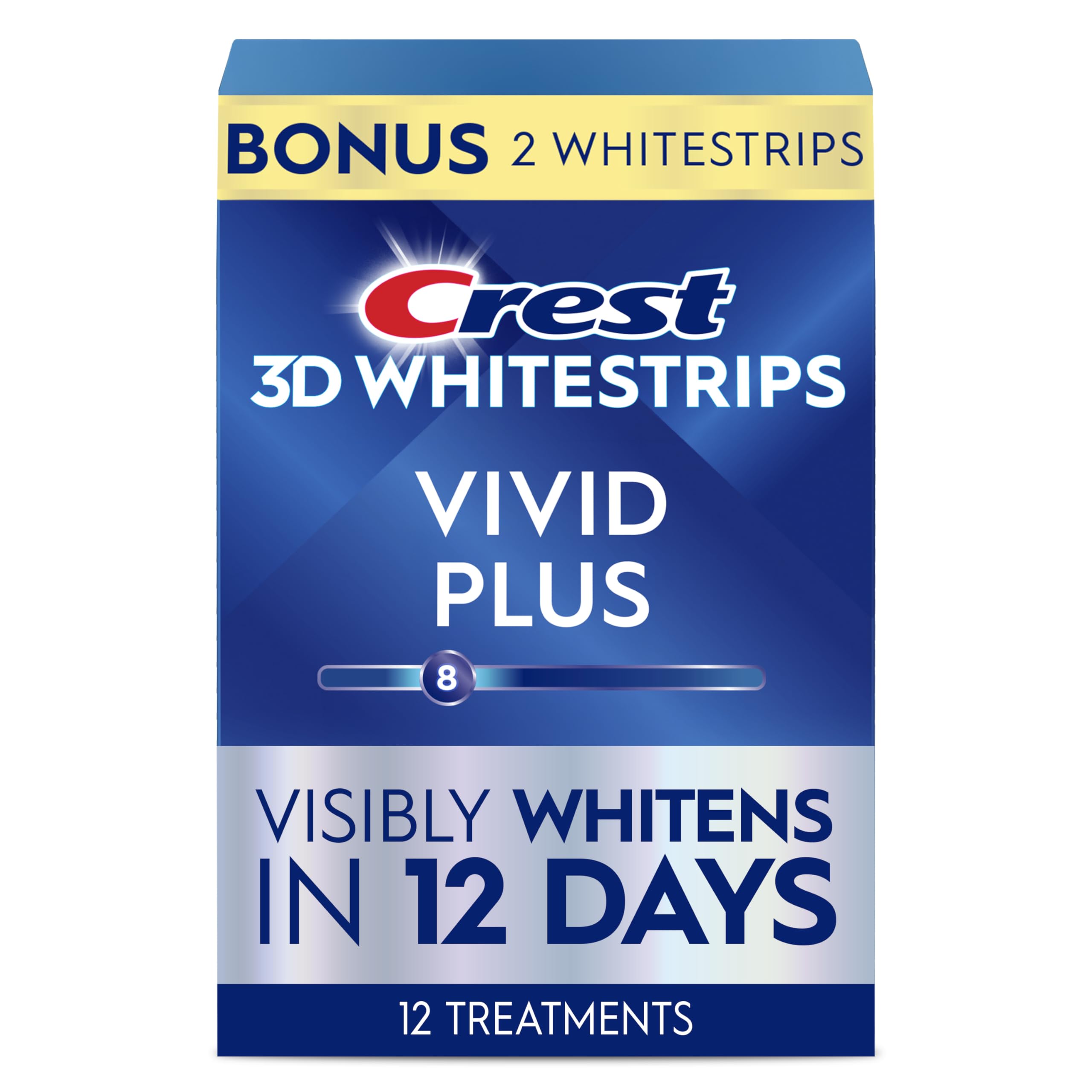 Crest 3D Whitestrips Vivid Plus pack front for a 12-day whitening routine