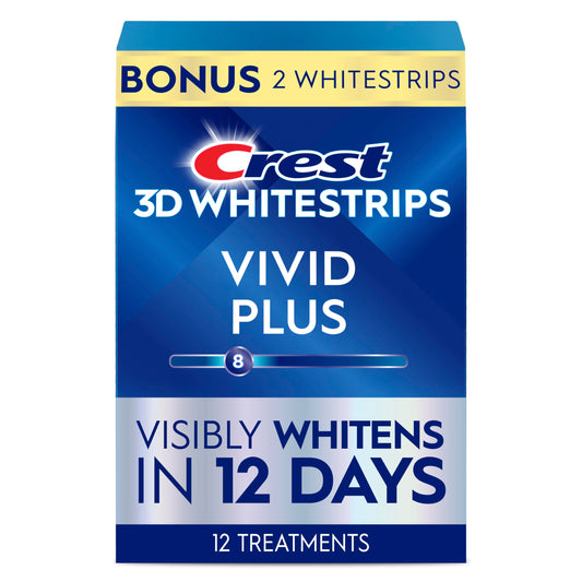 Crest 3D Whitestrips Vivid Plus pack front for a 12-day whitening routine