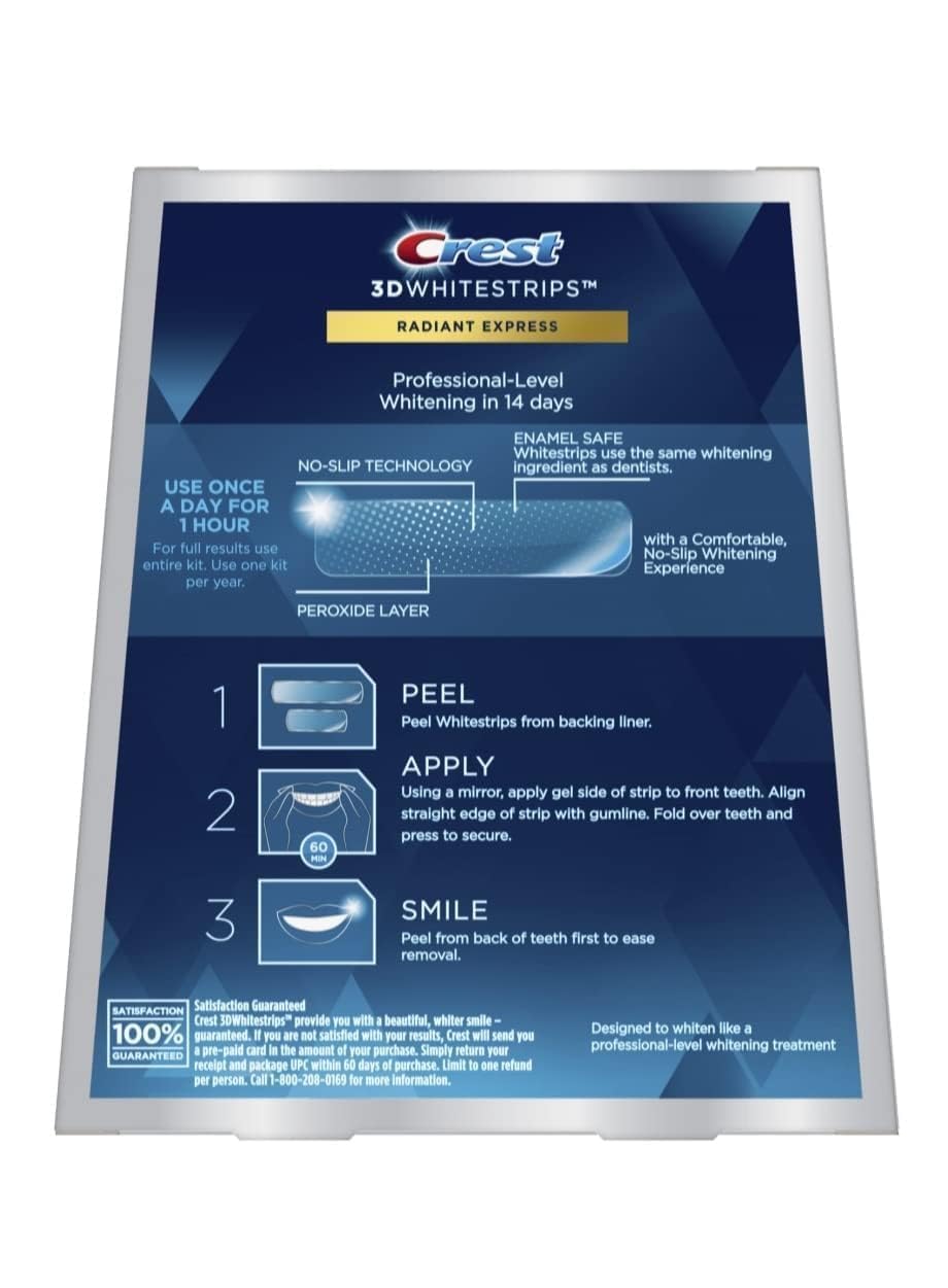 Crest 3DWhitestrips Radiant Express strip in use for a convenient at‑home whitening routine