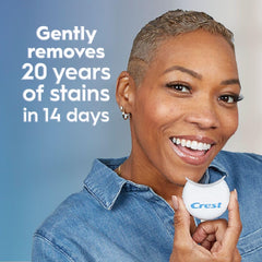 Crest packaging box highlights enamel-safe whitening and easy setup