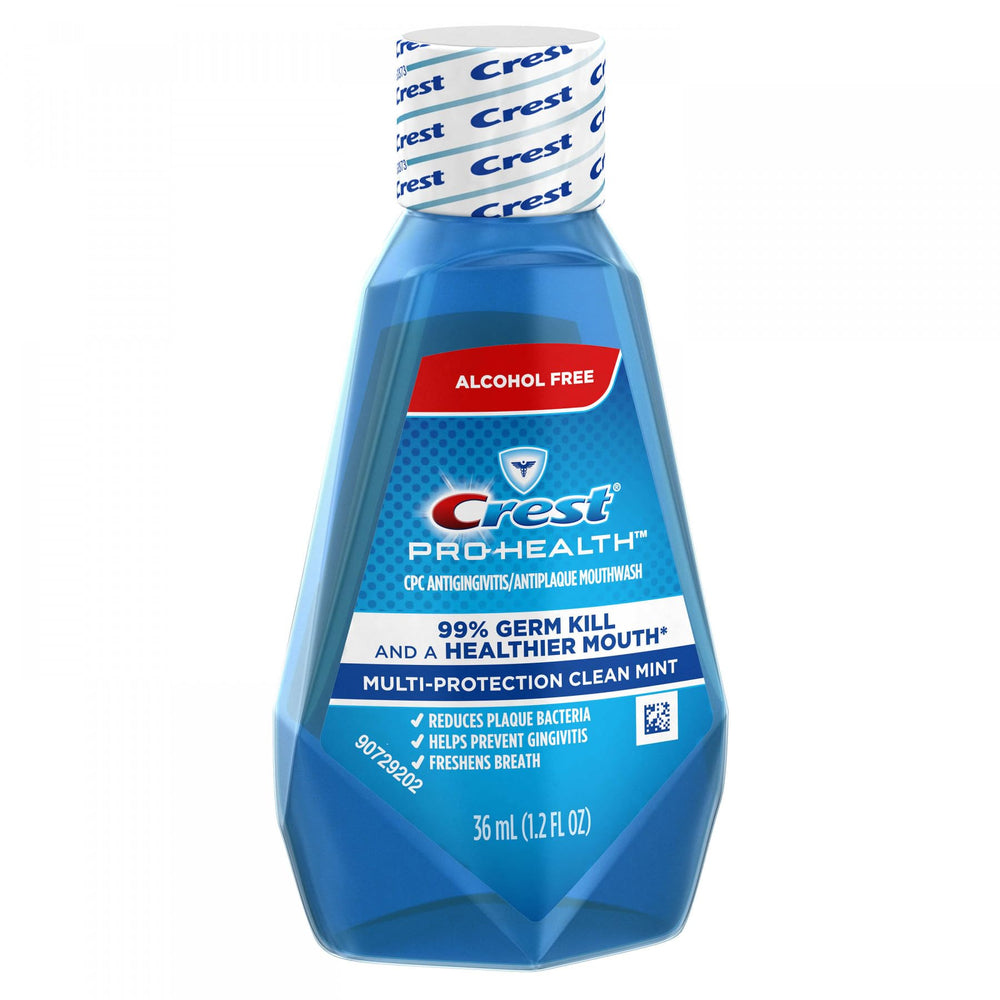 Crest Pro-Health Alcohol Free Mouthwash label highlights gentleness and long-lasting protection.