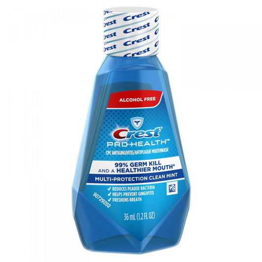 Crest Pro-Health Alcohol Free Mouthwash label highlights gentleness and long-lasting protection.