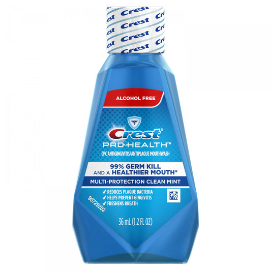 Crest Pro-Health Mouthwash travel-size bottle for quick on-the-go oral care and fresh breath.