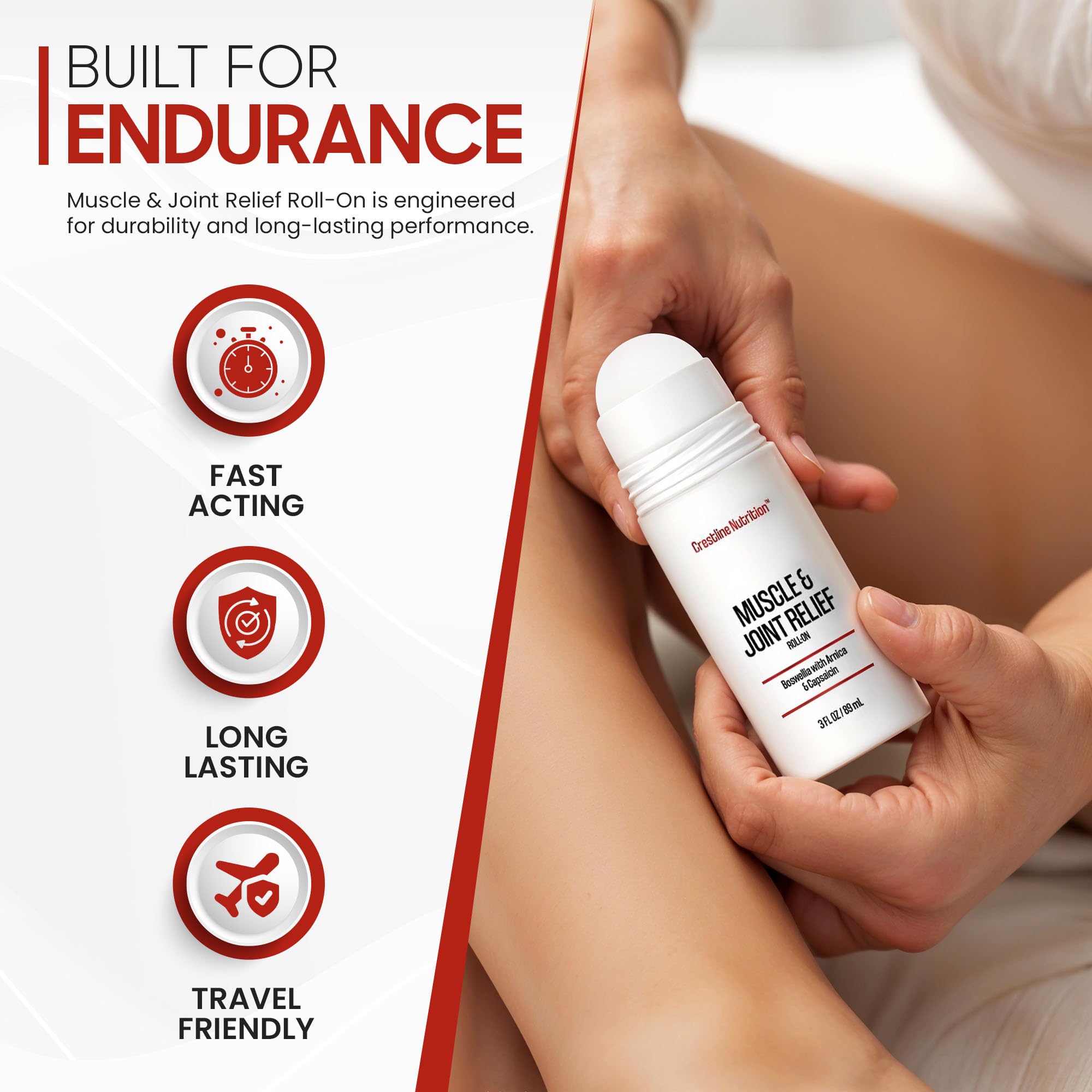 Crestline Nutrition Muscle and Joint Relief lifestyle image with stretching after use.