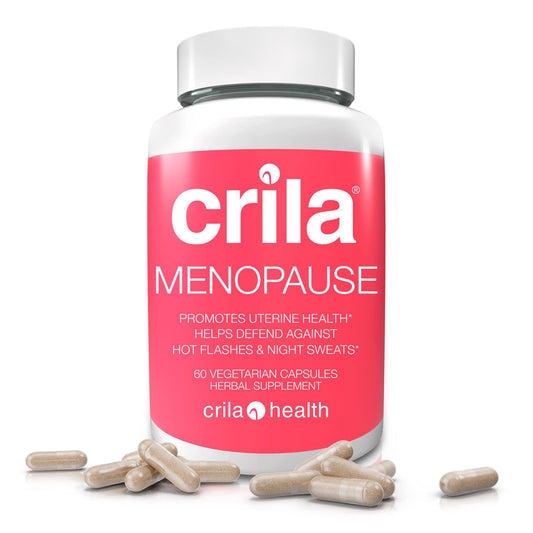 Crila Health menopause hot flashes relief image with bottle and capsules.