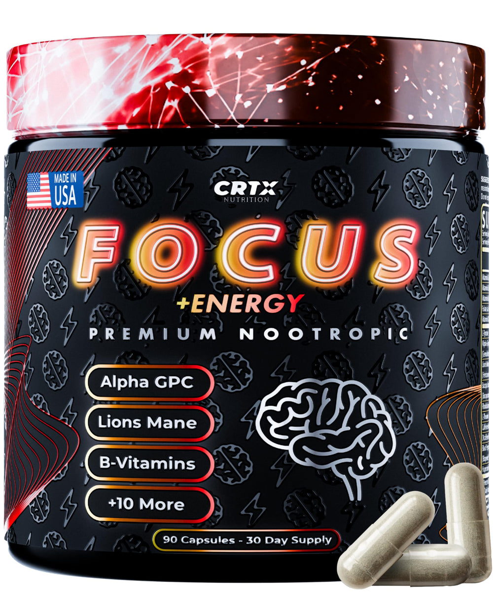 CRTX Nutrition Focus bottle front for sharper study and work focus