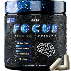 CRTX Nutrition Focus bottle on a desk for sharp study focus.