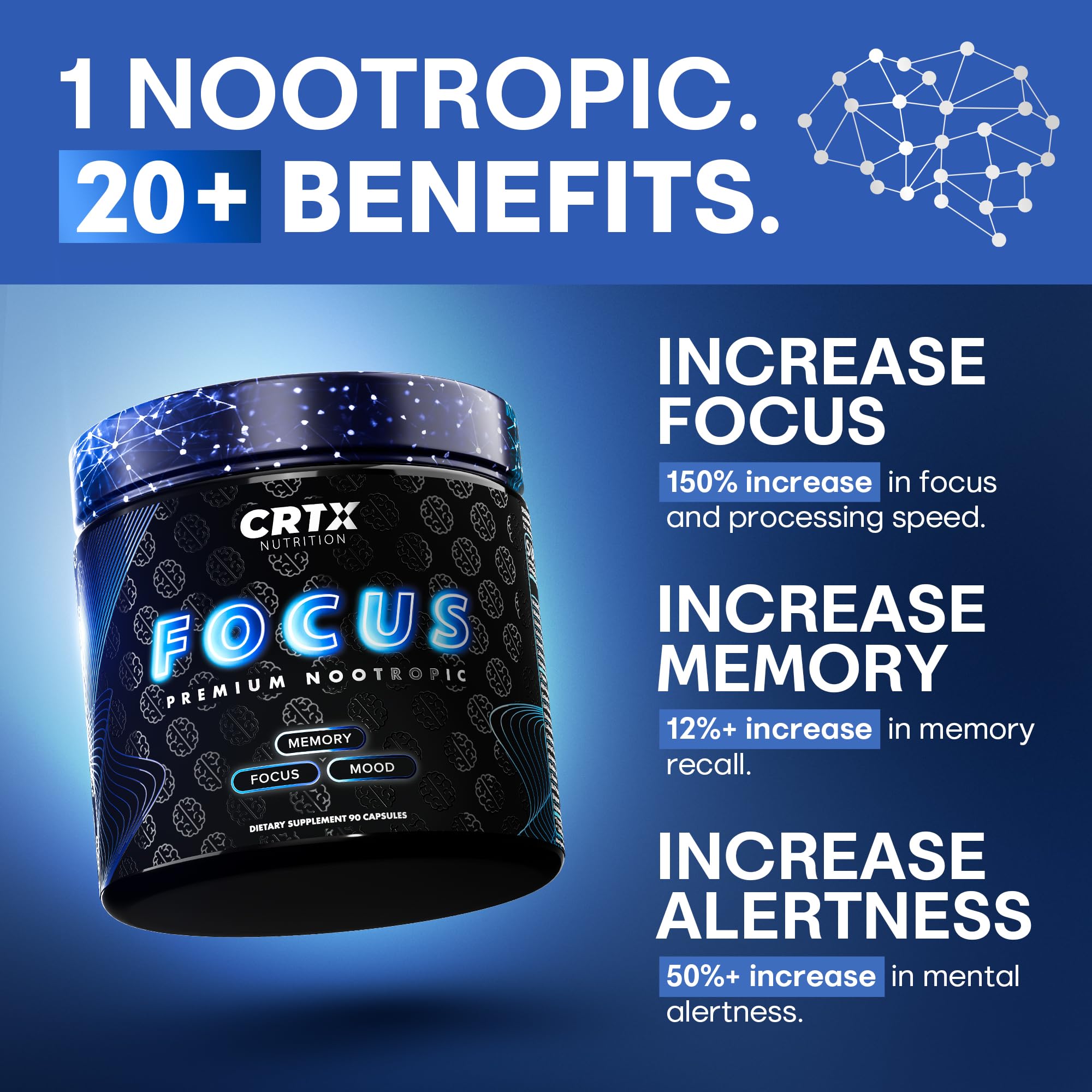 Close-up of Focus capsules highlighting premium nootropic formula for daily concentration.