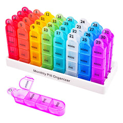 Cruxer monthly pill box with 32 compartments for four daily doses.
